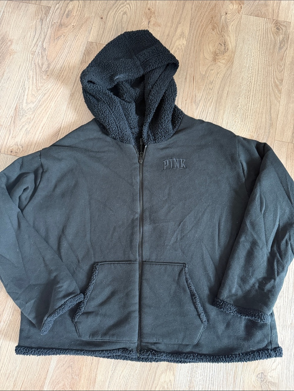 PINK Victoria's Secret Black Sherpa-Lined Zip-Up Hoodie
